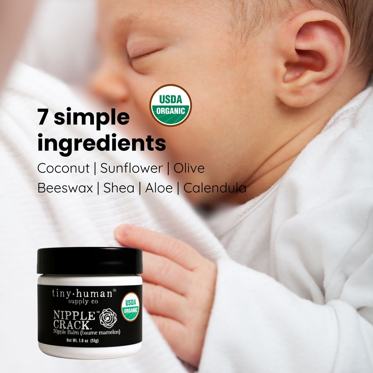 Baby holding a jar of 'Nipple Crack' cream with USDA Organic label, showing product ingredients.