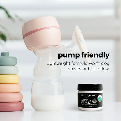 Breast pump and baby products with text highlighting pump friendliness on a blurred background
